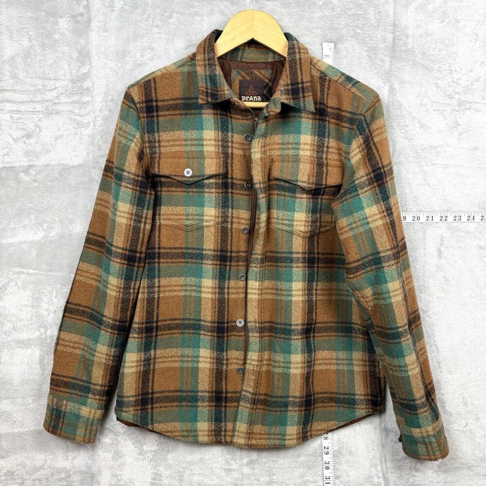 prAna Plaid Flannel Shirt Jacket Brown Green Men Sz S Button Front Lined Casual